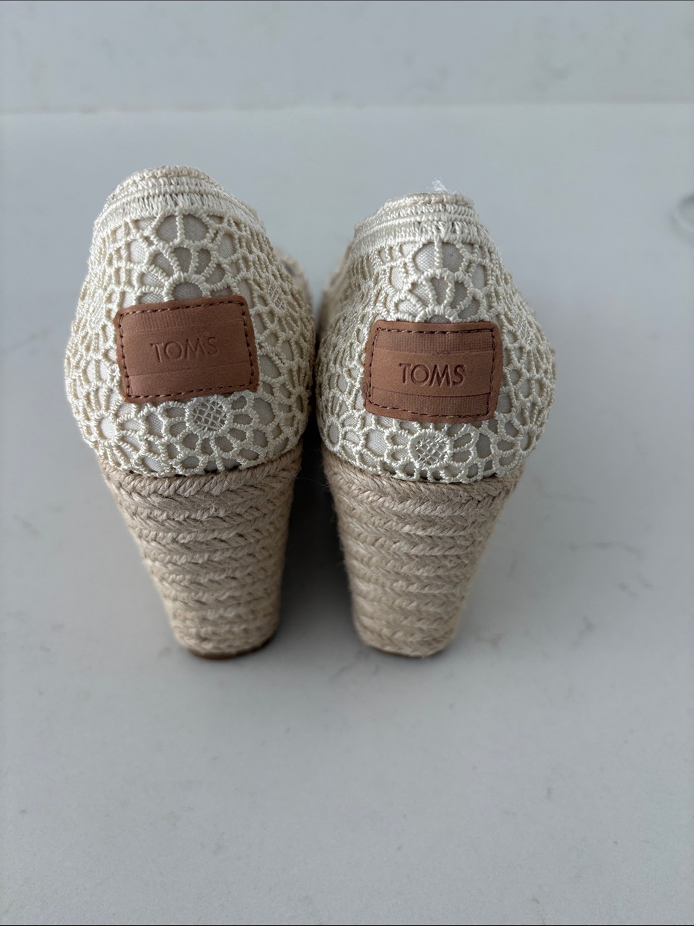 TOMS Cream Crochet Espadrille Wedge with Tan Logo Patch